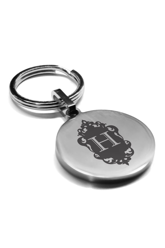 Stainless Steel Alphabet Letter H initial Round Medallion Keychain Circle Ring