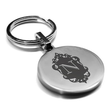 Stainless Steel Alphabet Letter N initial Round Medallion Keychain Circle Ring