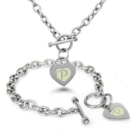Stainless Steel Alphabet Letter P Initial Heart Charm Toggle Bracelet & Necklace