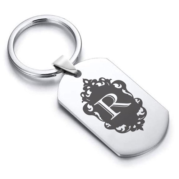 Stainless Steel Alphabet Letter R initial Dog Tag Keychain Circle Ring