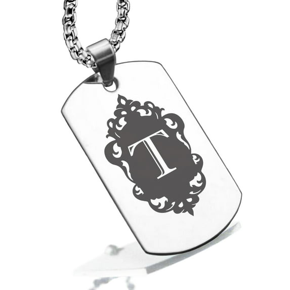 Stainless Steel Alphabet Letter T initial Dog Tag Pendant Necklace