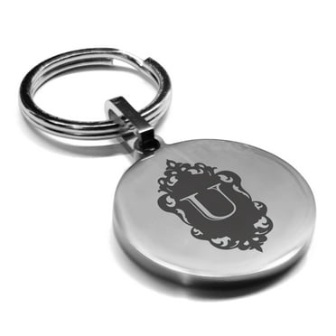 Stainless Steel Alphabet Letter U initial Round Medallion Keychain Circle Ring