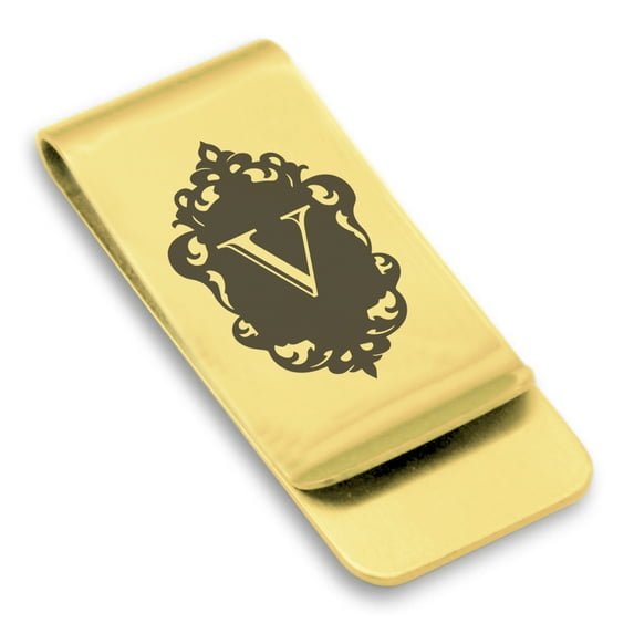 Stainless Steel Alphabet Letter V initial Classic Slim Money Clip Credit Card Holder