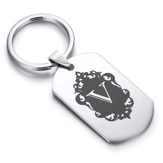 Stainless Steel Alphabet Letter V initial Dog Tag Keychain Circle Ring