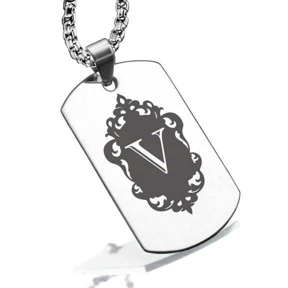 Stainless Steel Alphabet Letter V initial Dog Tag Pendant Necklace