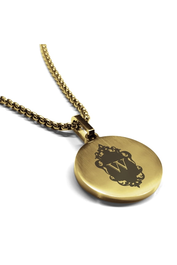 Stainless Steel Alphabet Letter W initial Round Medallion Pendant Necklace