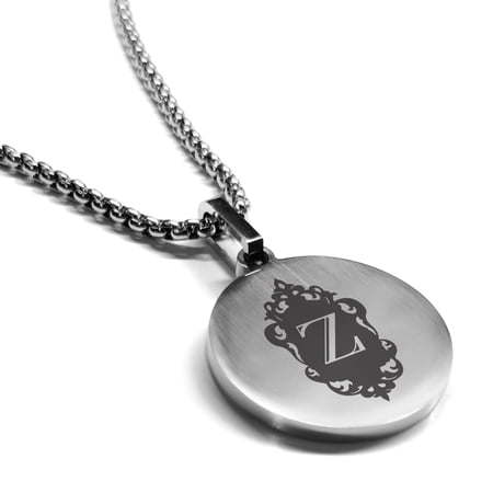 Stainless Steel Alphabet Letter Z initial Round Medallion Pendant Necklace