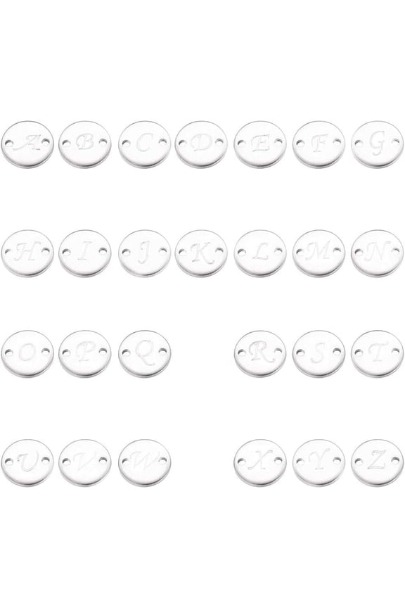 Stainless Steel Alphabet Link Charms from A to Z Letter Pendants Connectors for Earring Bracelet Necklace Flat Round Metal Pendant DIY Earring Bracelet Making Silver