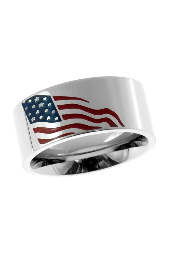 Stainless Steel American Flag Enamel Ring - Patriotic USA Jewelry for Men and Women size 10