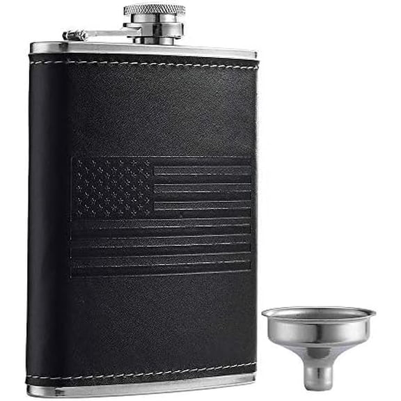 Stainless Steel American Flag Flask, Soft Touch Cover Liquor Flasks 8oz | Leak Proof Black PU Leather Heavy Duty Hip Set, Includes Funnel