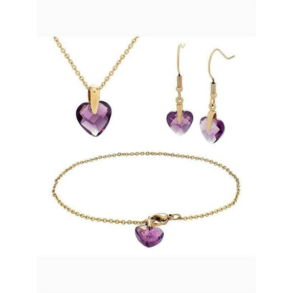Stainless Steel Amethyst Glass Heart Pendant Bracelet and Earrings 3 Piece Set