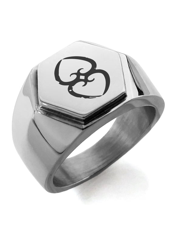 Stainless Steel Ancient Tribal Mother Earth Rune Engraved Hexagon Crest Flat Top Biker Style Polished Ring