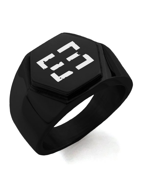 Stainless Steel Ancient Tribal Support Rune Engraved Hexagon Crest Flat Top Biker Style Polished Ring