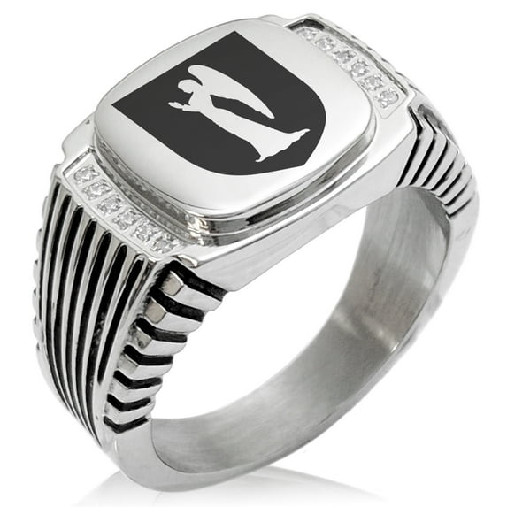 Stainless Steel Angel Divinity Coat of Arms Shield CZ Ribbed Needle Stripe Pattern Biker Style Polished Ring