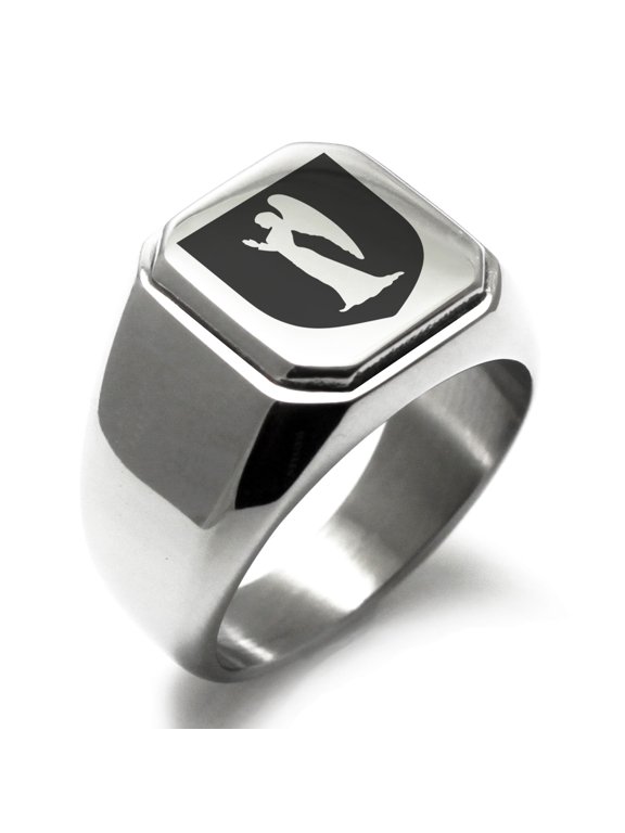 Stainless Steel Angel Divinity Coat of Arms Shield Engraved Square Flat Top Biker Style Polished Signet Ring