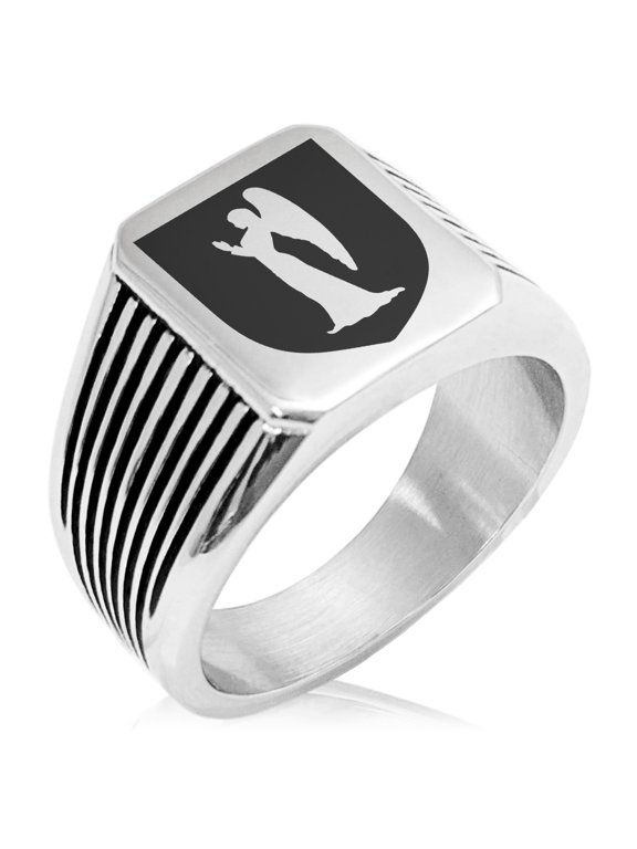 Stainless Steel Angel Divinity Coat of Arms Shield Needle Stripe Pattern Biker Style Polished Ring