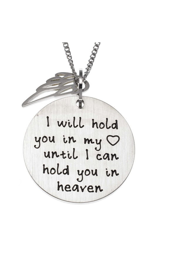Stainless Steel Angel Wing Memorial Pendant Necklace - Engraved "I will hold you in my heart until I can hold you in heaven"