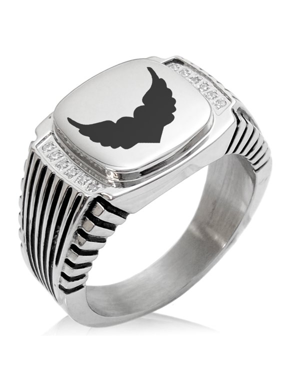 Stainless Steel Angel Wings Heart CZ Ribbed Needle Stripe Pattern Biker Style Polished Ring