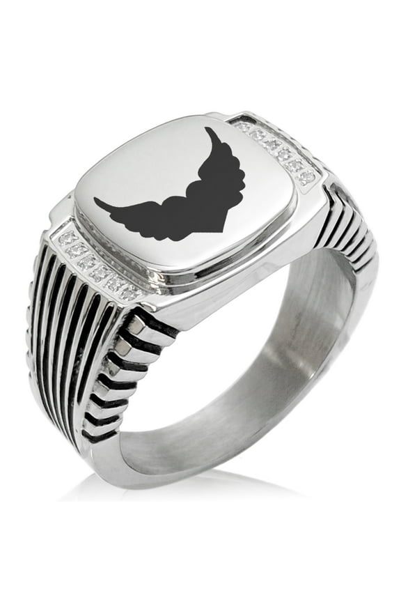 Stainless Steel Angel Wings Heart CZ Ribbed Needle Stripe Pattern Biker Style Polished Ring