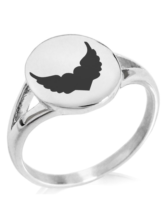 Stainless Steel Angel Wings Heart Minimalist Oval Top Polished Statement Ring