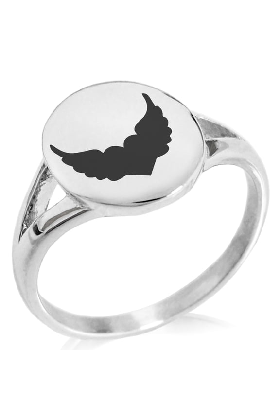 Stainless Steel Angel Wings Heart Minimalist Oval Top Polished Statement Ring