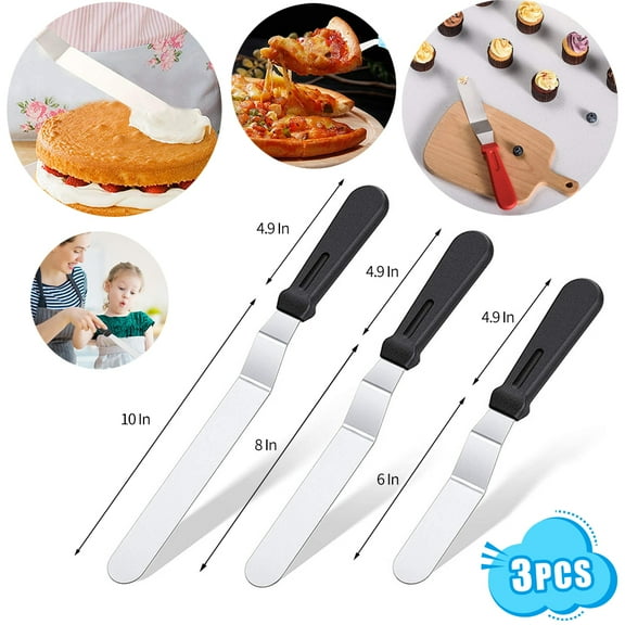 Stainless Steel Angled Icing Spatula,3 Set( 6in&8in&10in) Length Blade and PP Plastic Handle for Cake Decorating Frosting Baking (Black）