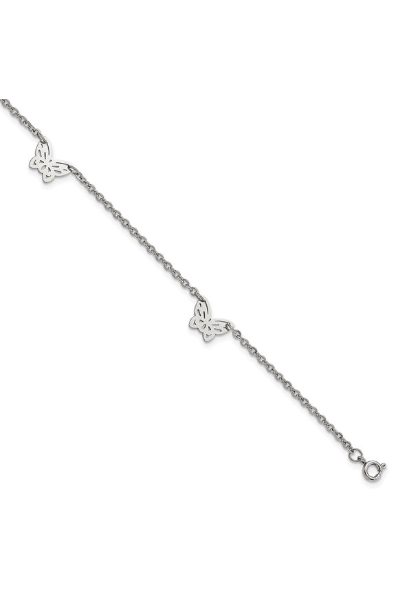 Stainless Steel Anklet 9.5 inch mm Chisel Polished with Butterfly Charms Plus 1 Extension