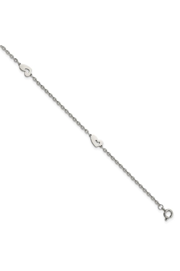 Stainless Steel Anklet 9 inch 6 mm Chisel Polished Hearts Plus 1 Extension