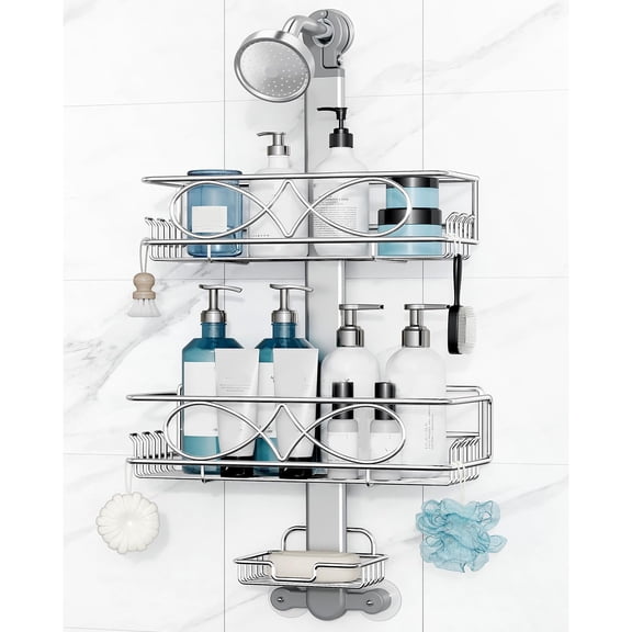 Stainless Steel Anodized Aluminum Height-Adjustable Rustproof Shower Caddy Hanging Anti-Swing Over The Shower Head Storage Organizer With Soap Box Holder