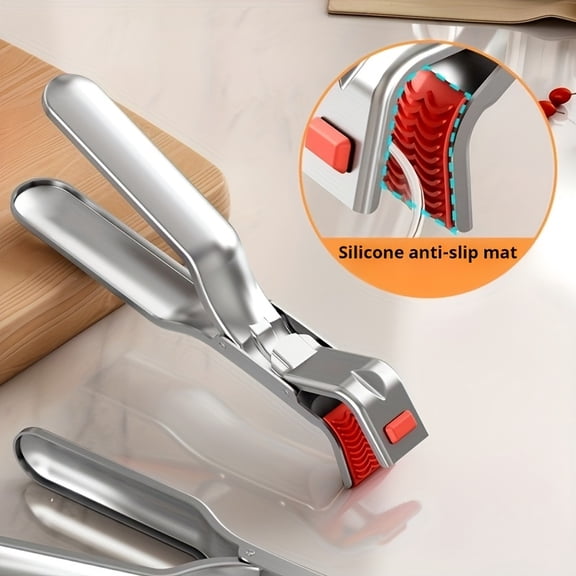 Stainless Steel Anti-Scald Bowl Clip Silicone Non-Slip Hot Dish Plate Gripper Tongs Kitchen Pot Pan Clamp Microwave Oven Lifter 1Pcs-Silver