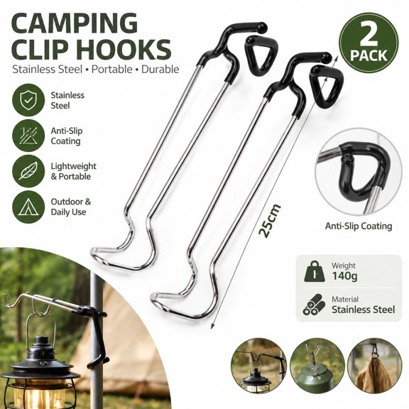 Stainless Steel Anti-Slip Camping Clip Hooks, 25cm Outdoor Lantern and Clothes Hanger, Portable 2 Pack