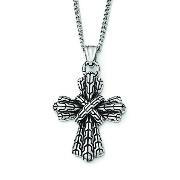Stainless Steel Antiqued Polished and Textured Cross 24in Necklace