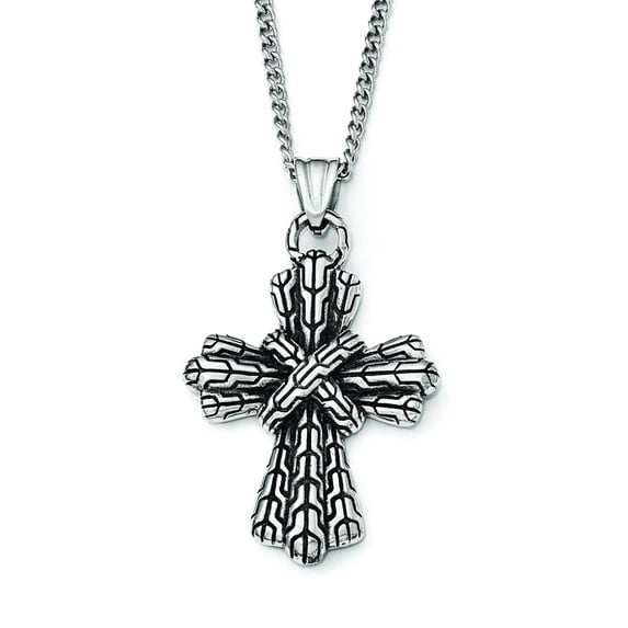 Stainless Steel Antiqued Polished and Textured Cross 24in Necklace