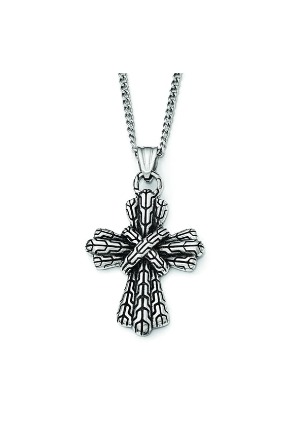 Stainless Steel Antiqued Polished and Textured Cross 24in Necklace