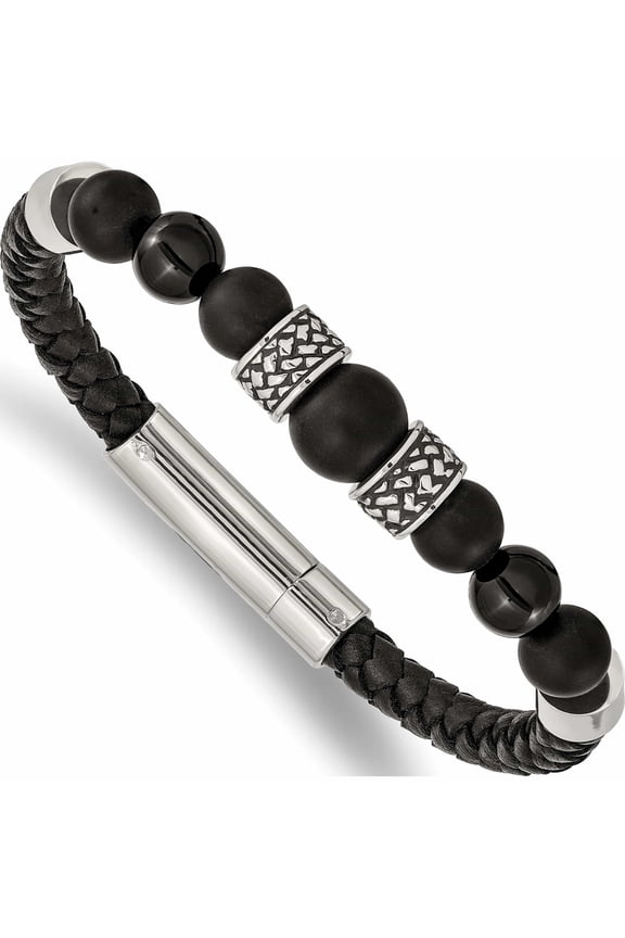 Stainless Steel Antiqued And Polished Black Agate Leather 8.25In Bracelet (8.25 X 5.5) Made In China -Jewelry By Sweet Pea