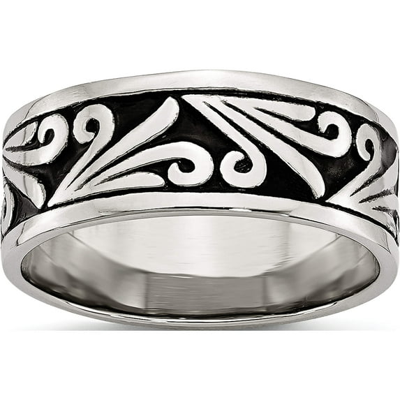 Stainless Steel Antiqued And Polished Fancy Design 8mm Ridged Edge Band (Size 8.5) Made In China sr63-8.5