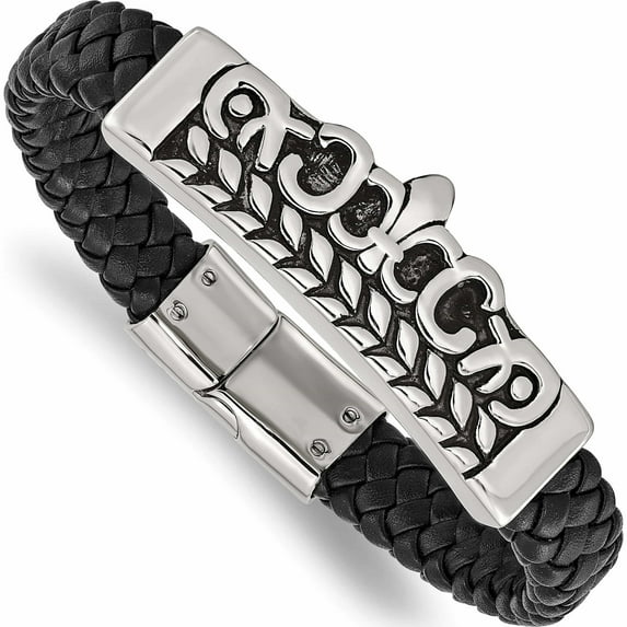 Stainless Steel Antiqued And Polished Fleur De Lis Black Leather Bracelet (8.25 X 18) Made In China -Jewelry By Sweet Pea