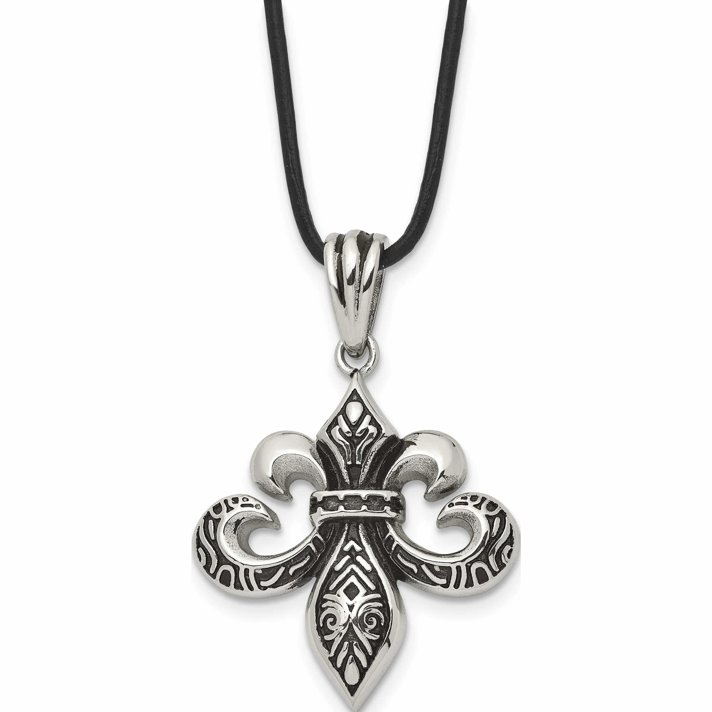 Stainless Steel Antiqued And Polished Fleur De Lis With Leather Cord Necklace Made In China -Jewelry By Sweet Pea