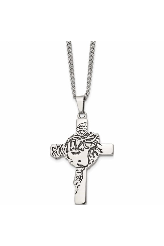 Stainless Steel Antiqued And Polished Jesus Face Cross 24In Necklace (24 X 36.54) Made In China -Jewelry By Sweet Pea
