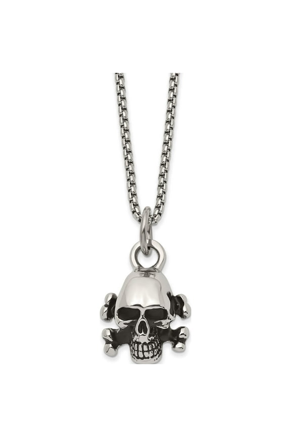 Stainless Steel Antiqued And Polished Skull Cross Bones 24In Necklace (24 X 18.9) Made In China srn2854-24