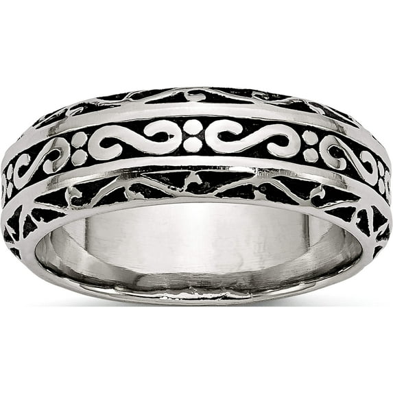 Stainless Steel Antiqued And Polished Swirl Design 7mm Band (Size 10.5) Made In China sr65-10.5