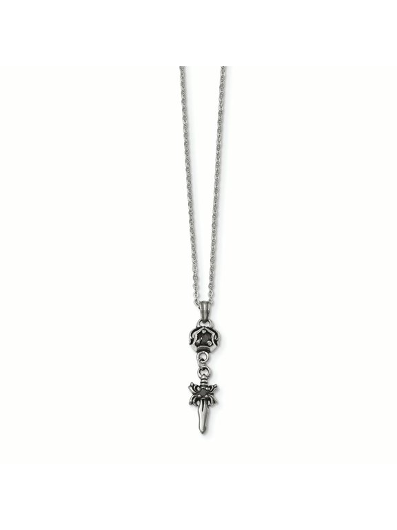 Finest Gold Stainless Steel Antiqued & Polished with Black CZ Sword Necklace