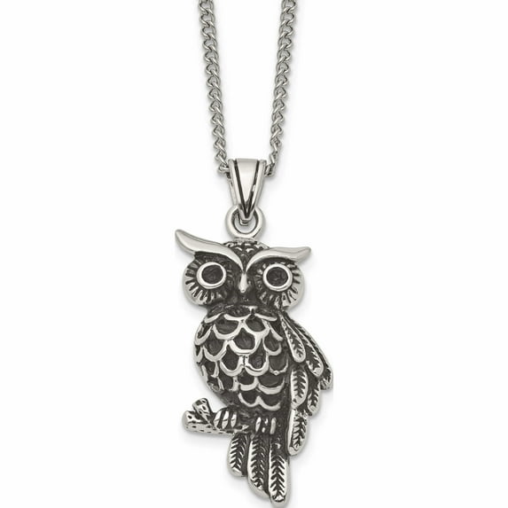 Stainless Steel Antiqued And Polished With Black Crystal Owl 20In Necklace Made In China -Jewelry By Sweet Pea