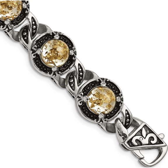 Jewelry by Sweet Pea Chisel Stainless Steel Antiqued and Polished with Gold Tin Epoxy Resin 9 inch Link Bracelet