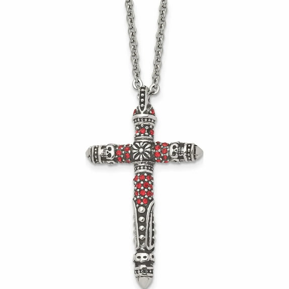 Stainless Steel Antiqued And Polished With Red Crystal Cross 22In Necklace (22 X 28.23) Made In China -Jewelry By Sweet Pea