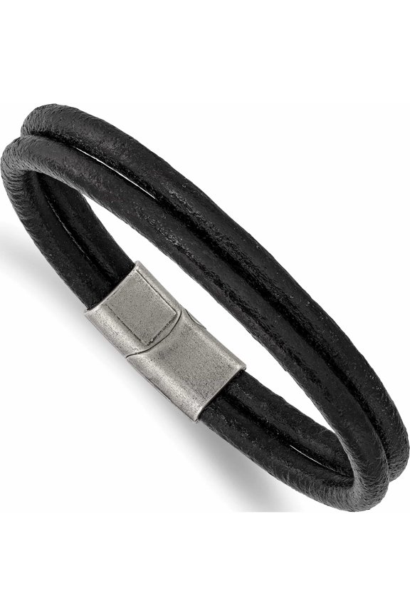 Chisel Stainless Steel Antiqued 2 Strand Black Leather 8.25 inch Bracelet