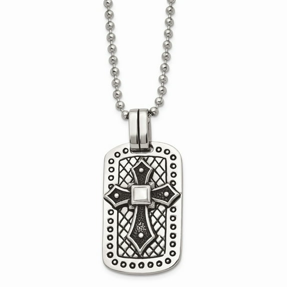 Stainless Steel Antiqued Cross Dog Tag Necklace; 22 inch; Lobster (Fancy) Clasp; for Adults and Teens; for Women and Men