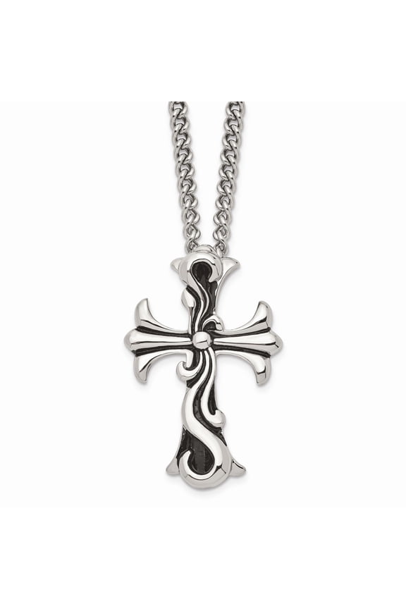 Stainless Steel Antiqued Fancy Scroll Cross Pendant Necklace; 22 inch; Lobster (Fancy) Clasp; for Adults and Teens; for Women and Men