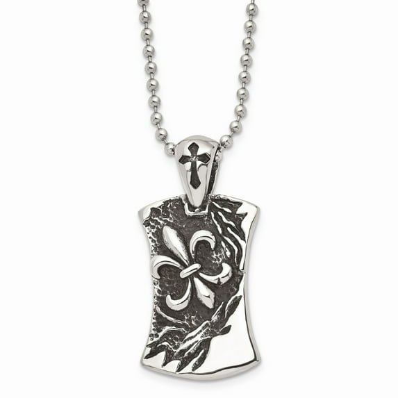 Stainless Steel Antiqued Fleur de lis Dog Tag 22in Necklace; 22 inch; Lobster (Fancy) Clasp; for Adults and Teens; for Women and Men