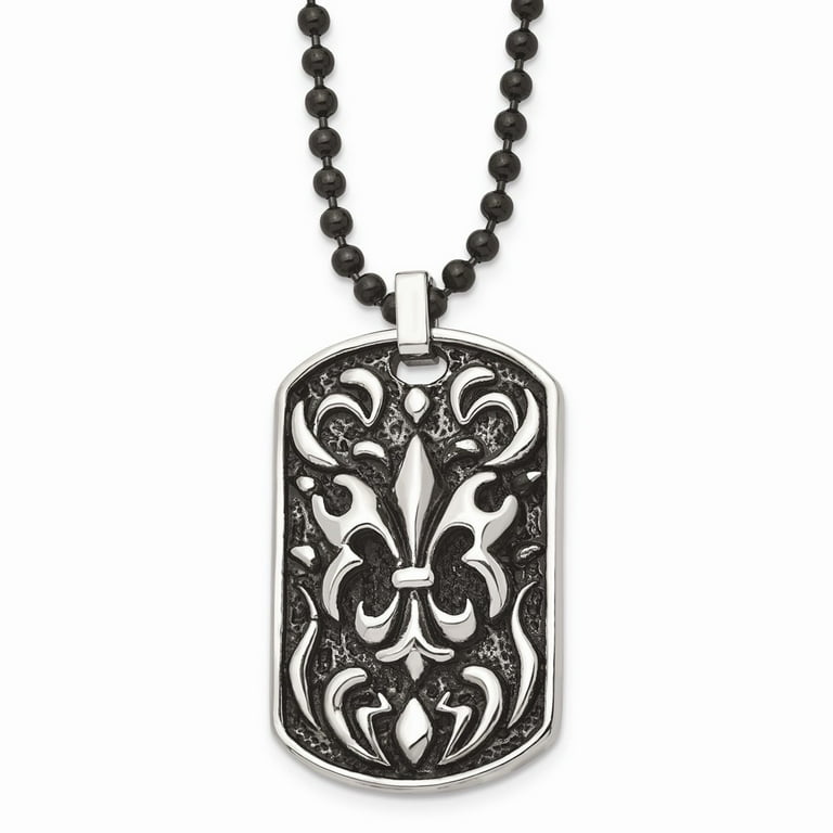 Stainless Steel Antiqued Fleur de lis Dog Tag Necklace; 24 inch